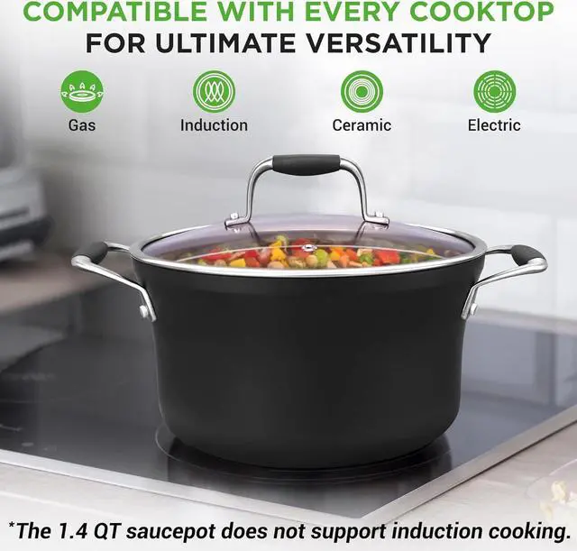Alt view image 6 of 7 - NutriChef 14-Piece Non-Stick Pots & Pans Set - Multi-Sized Cooking Pots with Lids, Small and Medium Frying Pans with Slotted Spatula, Pasta Server, Soup Ladle, Silicone Handles (Copper Color)