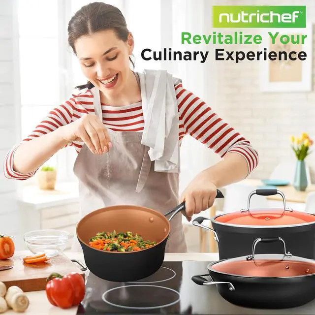 Alt view image 7 of 7 - NutriChef 14-Piece Non-Stick Pots & Pans Set - Multi-Sized Cooking Pots with Lids, Small and Medium Frying Pans with Slotted Spatula, Pasta Server, Soup Ladle, Silicone Handles (Copper Color)