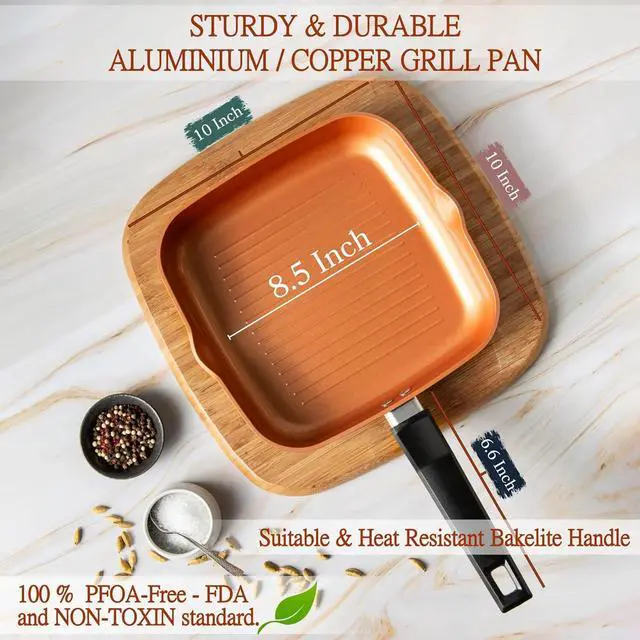Alt view image 2 of 7 - Moss & Stone Square Grill Pan For Indoor Cooking, 9.5In Frying Pan Copper Non-Stick Saute Fry Pan, Induction Copper Pan for Meats & Vegetables, Aluminum Griddle Nonstick Stove Top Grill Pan