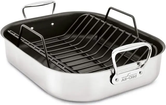 Main image of All-Clad Specialty Stainless Steel Large Roaster with Nonstick Rack 13x16 Inch Oven Broiler Safe 500F Roaster Pan, Pots and Pans, Cookware Silver
