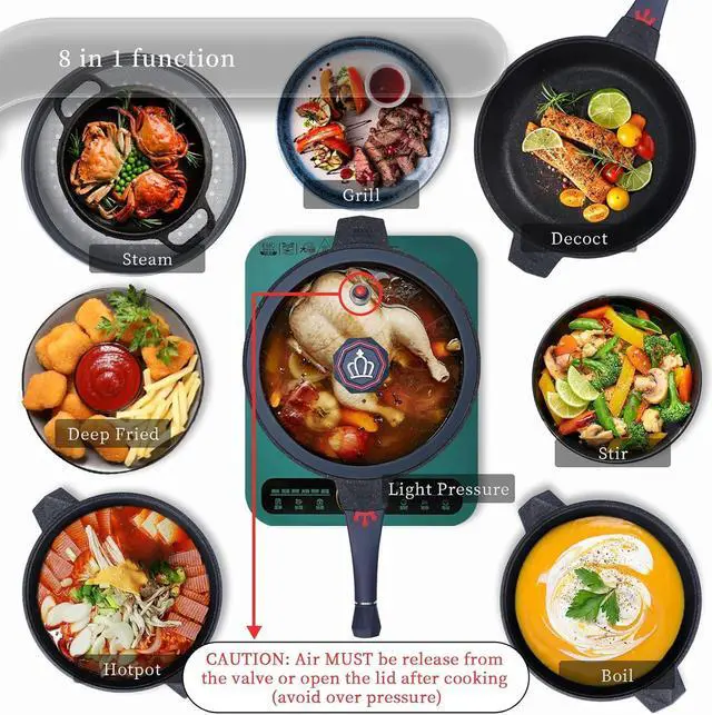 Alt view image 2 of 7 - TIBORANG 8 in 1 Multipurpose 11 Inch 5 Quart Heat Indicator Nonstick Deep Frying Pan with Glass Lid, Stay-cool Handle, Steamed Grid, PFOA-Free,Dishwasher&Oven Safe,Works with All Stovetops(Navy Blue)
