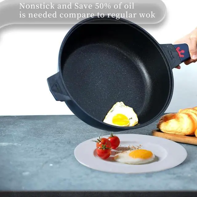 Alt view image 4 of 7 - TIBORANG 8 in 1 Multipurpose 11 Inch 5 Quart Heat Indicator Nonstick Deep Frying Pan with Glass Lid, Stay-cool Handle, Steamed Grid, PFOA-Free,Dishwasher&Oven Safe,Works with All Stovetops(Navy Blue)