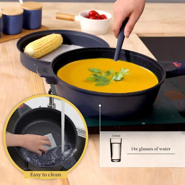 Alt view image 7 of 7 - TIBORANG 8 in 1 Multipurpose 11 Inch 5 Quart Heat Indicator Nonstick Deep Frying Pan with Glass Lid, Stay-cool Handle, Steamed Grid, PFOA-Free,Dishwasher&Oven Safe,Works with All Stovetops(Navy Blue)