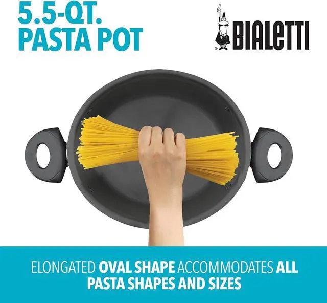 Alt view image 2 of 6 - Bialetti 5.5 Quart Pasta Pot with Strainer Lid, Red  Elongated Oval Pot for Longer Spaghetti, Lasagna, Penne & Farfalle Noodles, Heat Resistant Handles & Nonstick Interior, Large Pot for Cooking