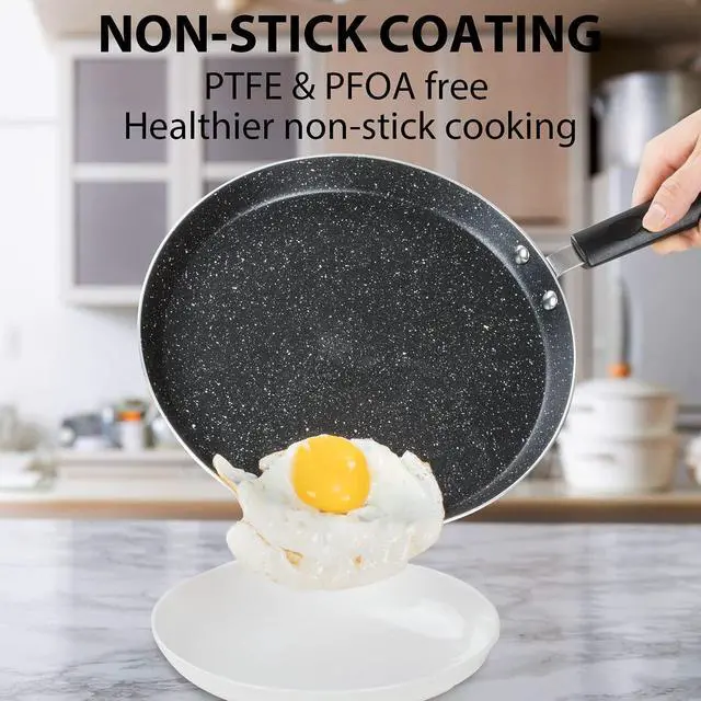 Alt view image 3 of 5 - Buecmue 10.5 Inch Nonstick Crepe Pan with Spreader, Granite Coating Skillet Pan for Roti Egg Omelet Tortilla Tawa Dosa, Flat Frying Pan, Induction Compatible PFOA & PTFEs Free