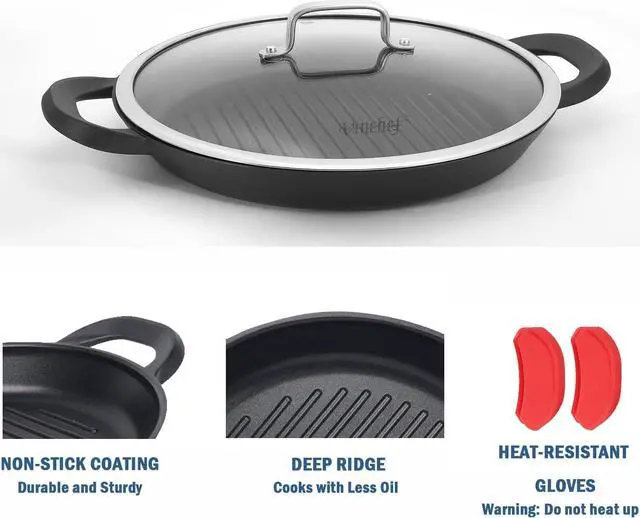 Alt view image 6 of 7 - Vinchef Nonstick Grill Pan for Stove tops | 13.0" Skillet, Indoor Induction Cast-aluminum Grill Pan with Lid and Anti-Scalding Tools, GRANITEC Nonstick Coating, Dishwasher & Oven Safe