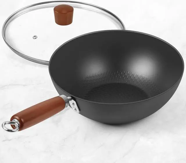 Main image of Carbon Steel Wok Pan, 9.5" Authentic Chinese Wok & Stir-Fry Pans Set with Glass Lid, 1.65lb Lightweight Flat Bottom Small Wok for 1-2 Servings