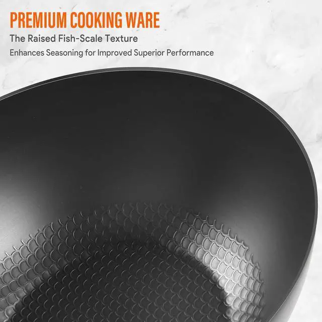 Alt view image 2 of 7 - Carbon Steel Wok Pan, 9.5" Authentic Chinese Wok & Stir-Fry Pans Set with Glass Lid, 1.65lb Lightweight Flat Bottom Small Wok for 1-2 Servings