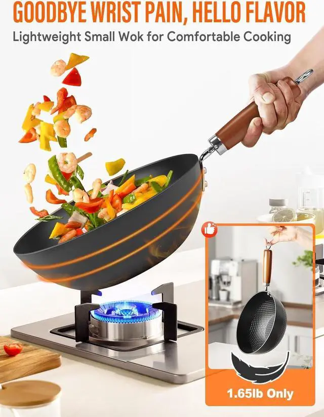 Alt view image 3 of 7 - Carbon Steel Wok Pan, 9.5" Authentic Chinese Wok & Stir-Fry Pans Set with Glass Lid, 1.65lb Lightweight Flat Bottom Small Wok for 1-2 Servings