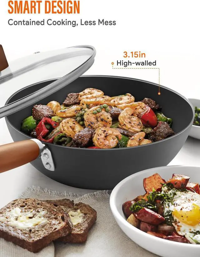 Alt view image 4 of 7 - Carbon Steel Wok Pan, 9.5" Authentic Chinese Wok & Stir-Fry Pans Set with Glass Lid, 1.65lb Lightweight Flat Bottom Small Wok for 1-2 Servings
