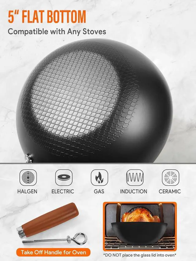 Alt view image 5 of 7 - Carbon Steel Wok Pan, 9.5" Authentic Chinese Wok & Stir-Fry Pans Set with Glass Lid, 1.65lb Lightweight Flat Bottom Small Wok for 1-2 Servings