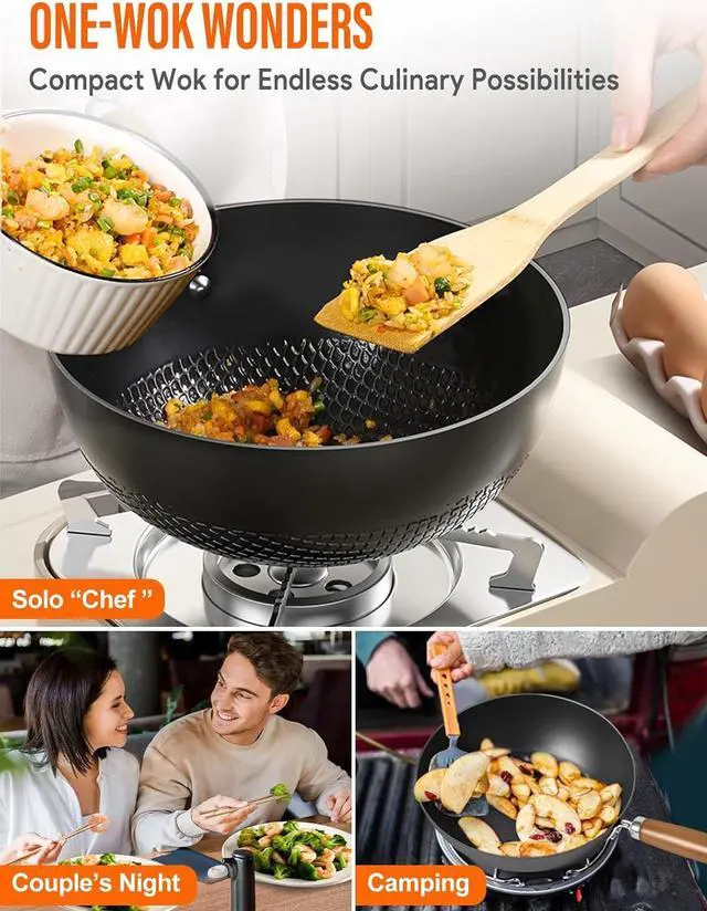 Alt view image 6 of 7 - Carbon Steel Wok Pan, 9.5" Authentic Chinese Wok & Stir-Fry Pans Set with Glass Lid, 1.65lb Lightweight Flat Bottom Small Wok for 1-2 Servings