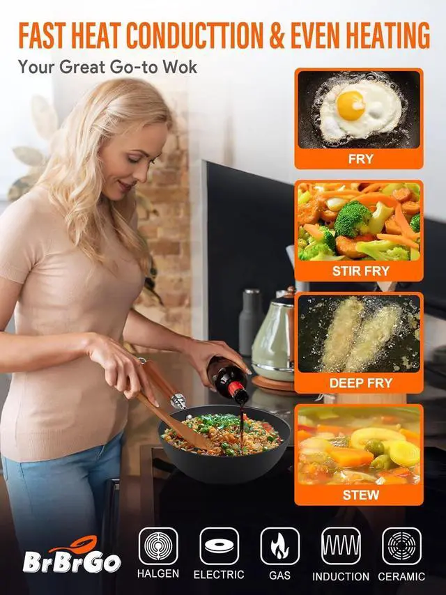 Alt view image 7 of 7 - Carbon Steel Wok Pan, 9.5" Authentic Chinese Wok & Stir-Fry Pans Set with Glass Lid, 1.65lb Lightweight Flat Bottom Small Wok for 1-2 Servings