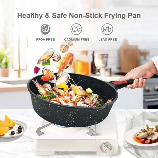 Alt view image 2 of 7 - 11 Inch Nonstick Deep Frying Pan with Lid, 5Qt Non Stick Skillet with Removable Handle, Aluminum Sauté Pan Compatible with All Stovetops, Dishwasher& Oven Safe (Black)