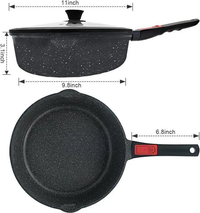 Alt view image 6 of 7 - 11 Inch Nonstick Deep Frying Pan with Lid, 5Qt Non Stick Skillet with Removable Handle, Aluminum Sauté Pan Compatible with All Stovetops, Dishwasher& Oven Safe (Black)