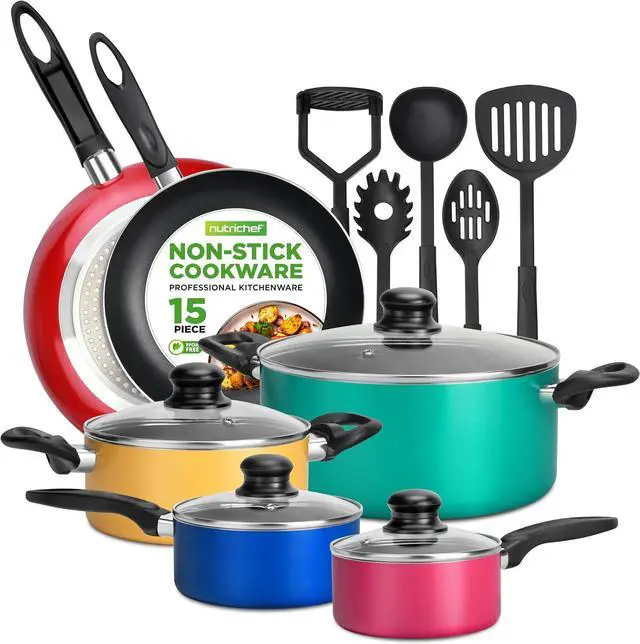 Main image of NutriChef 15-Piece Non Stick Kitchen Cookware Set PFOA/PFOS-Free, Colorful Heat Resistant Lacquer w/Saucepot, Frying Pans, Oven Pot, Lids, 5 Utensil - NCCWCOR15