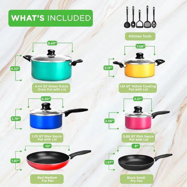 Alt view image 2 of 7 - NutriChef 15-Piece Non Stick Kitchen Cookware Set PFOA/PFOS-Free, Colorful Heat Resistant Lacquer w/Saucepot, Frying Pans, Oven Pot, Lids, 5 Utensil - NCCWCOR15