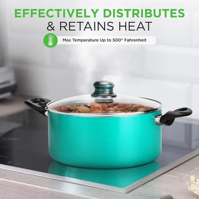 Alt view image 6 of 7 - NutriChef 15-Piece Non Stick Kitchen Cookware Set PFOA/PFOS-Free, Colorful Heat Resistant Lacquer w/Saucepot, Frying Pans, Oven Pot, Lids, 5 Utensil - NCCWCOR15