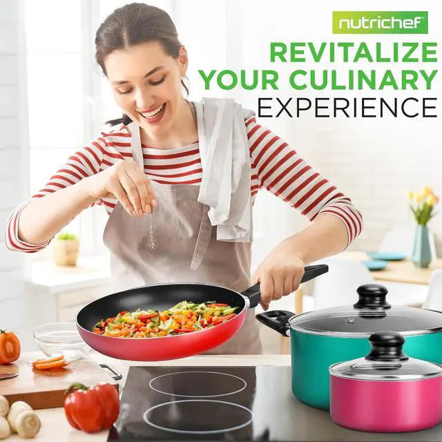 Alt view image 7 of 7 - NutriChef 15-Piece Non Stick Kitchen Cookware Set PFOA/PFOS-Free, Colorful Heat Resistant Lacquer w/Saucepot, Frying Pans, Oven Pot, Lids, 5 Utensil - NCCWCOR15