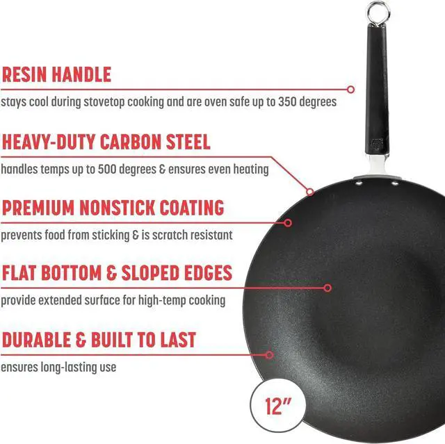 Alt view image 2 of 7 - JOYCE CHEN Professional Series 12-Inch Carbon Steel Excalibur Nonstick Stir Fry Pan with Phenolic Handle