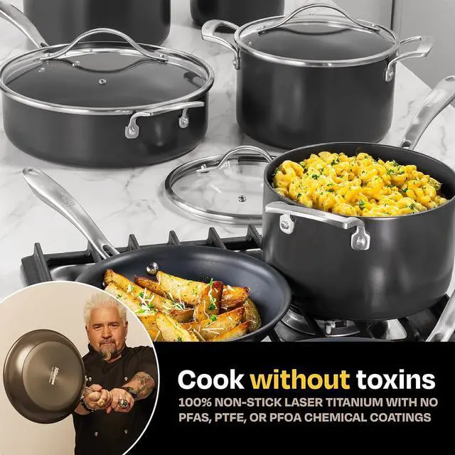 Alt view image 3 of 7 - Guy Fieri's Flavortown Laser Titanium 12 Piece Set - Non-stick Cookware Set Without PFAS, PTFE, or PFOA, 3x More Durable, Dishwasher Safe, Oven Safe