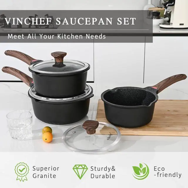 Alt view image 5 of 6 - VINCHEF Nonstick Saucepan with Lid, 3QT Sauce Pan with Stay Cool Handle, Non Stick Small Cooking Pots Induction pot, Dishwasher Safe, Compatible for All Stove Top, PFAS and PFOA Free Black