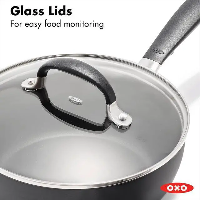 Alt view image 4 of 7 - OXO Good Grips 1QT and 2QT Saucepan Pot Set with Lids, 3-Layered German Engineered Nonstick Coating, Stainless Steel Handles with Nonslip Silicone, Black