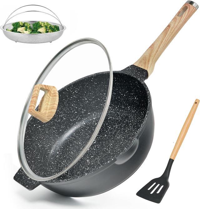 Main image of Non Stick Deep Frying Pan with Lid, 12 In / 5.5 Quart Saute Pan with Strainer, Granite Chef Pan Skillet Nonstick for Cooking, 100% PFOA Free Non Toxic Fry Pan for All Stove top Gas Induction