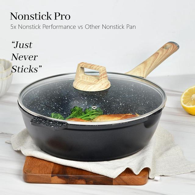 Alt view image 4 of 7 - Non Stick Deep Frying Pan with Lid, 12 In / 5.5 Quart Saute Pan with Strainer, Granite Chef Pan Skillet Nonstick for Cooking, 100% PFOA Free Non Toxic Fry Pan for All Stove top Gas Induction