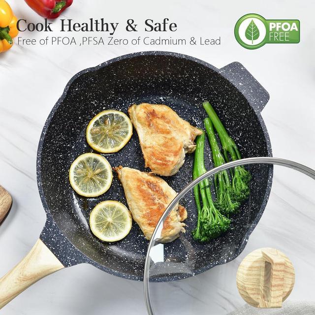 Alt view image 3 of 7 - Non Stick Deep Frying Pan with Lid, 12 In / 5.5 Quart Saute Pan with Strainer, Granite Chef Pan Skillet Nonstick for Cooking, 100% PFOA Free Non Toxic Fry Pan for All Stove top Gas Induction