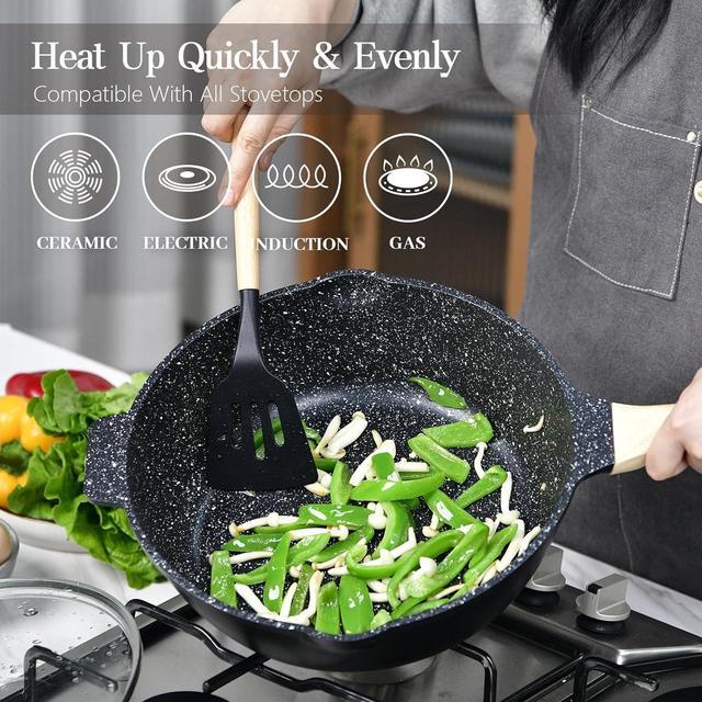 Alt view image 5 of 7 - Non Stick Deep Frying Pan with Lid, 12 In / 5.5 Quart Saute Pan with Strainer, Granite Chef Pan Skillet Nonstick for Cooking, 100% PFOA Free Non Toxic Fry Pan for All Stove top Gas Induction