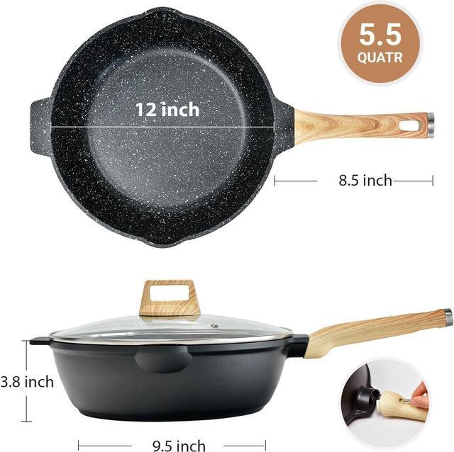 Alt view image 6 of 7 - Non Stick Deep Frying Pan with Lid, 12 In / 5.5 Quart Saute Pan with Strainer, Granite Chef Pan Skillet Nonstick for Cooking, 100% PFOA Free Non Toxic Fry Pan for All Stove top Gas Induction