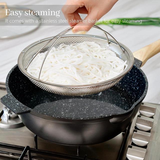 Alt view image 7 of 7 - Non Stick Deep Frying Pan with Lid, 12 In / 5.5 Quart Saute Pan with Strainer, Granite Chef Pan Skillet Nonstick for Cooking, 100% PFOA Free Non Toxic Fry Pan for All Stove top Gas Induction
