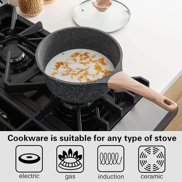 Alt view image 2 of 6 - Sauce Pan Set with Lid, 1.5QT & 2.5QT Non Stick Small Pots with Granite Coating, Saucepan with Pour Spout, Multipurpose Induction Cooking Pans, PFOA/PFOS Free