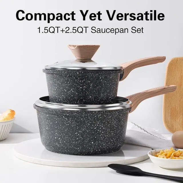 Alt view image 5 of 6 - Sauce Pan Set with Lid, 1.5QT & 2.5QT Non Stick Small Pots with Granite Coating, Saucepan with Pour Spout, Multipurpose Induction Cooking Pans, PFOA/PFOS Free