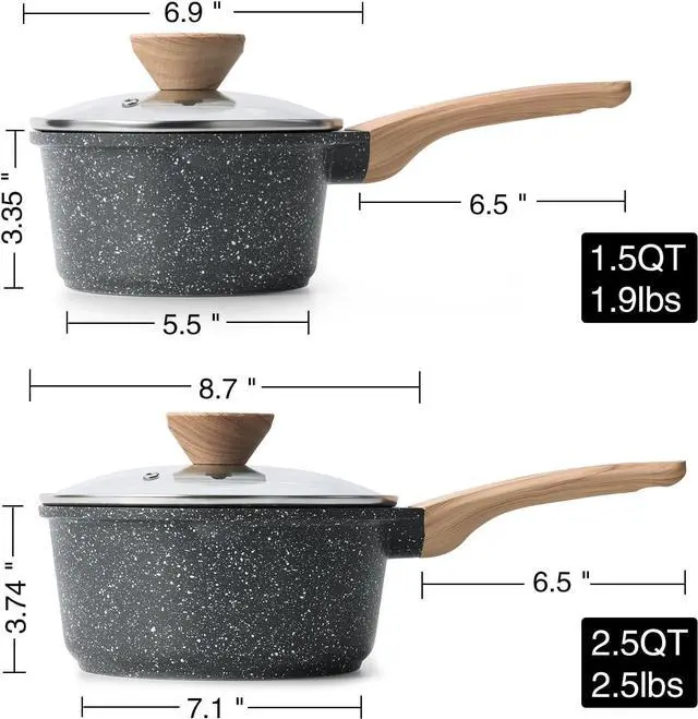 Alt view image 6 of 6 - Sauce Pan Set with Lid, 1.5QT & 2.5QT Non Stick Small Pots with Granite Coating, Saucepan with Pour Spout, Multipurpose Induction Cooking Pans, PFOA/PFOS Free