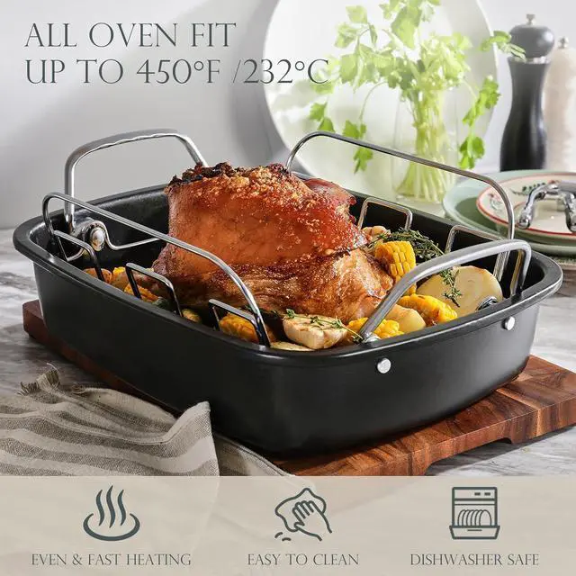Alt view image 3 of 7 - KITESSENSU Nonstick Turkey Roasting Pan with Rack 17 x 14 inch - Large Chicken Roaster Pan for Oven - Wider Handles & Heavy Duty Construction - Suitable for 24lb Turkey, Gray