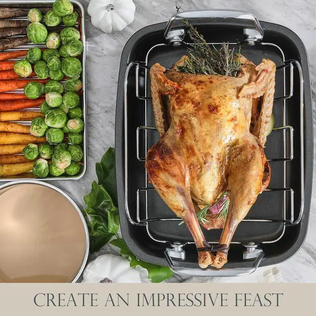 Alt view image 4 of 7 - KITESSENSU Nonstick Turkey Roasting Pan with Rack 17 x 14 inch - Large Chicken Roaster Pan for Oven - Wider Handles & Heavy Duty Construction - Suitable for 24lb Turkey, Gray