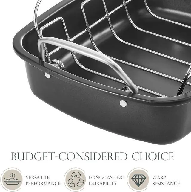 Alt view image 7 of 7 - KITESSENSU Nonstick Turkey Roasting Pan with Rack 17 x 14 inch - Large Chicken Roaster Pan for Oven - Wider Handles & Heavy Duty Construction - Suitable for 24lb Turkey, Gray