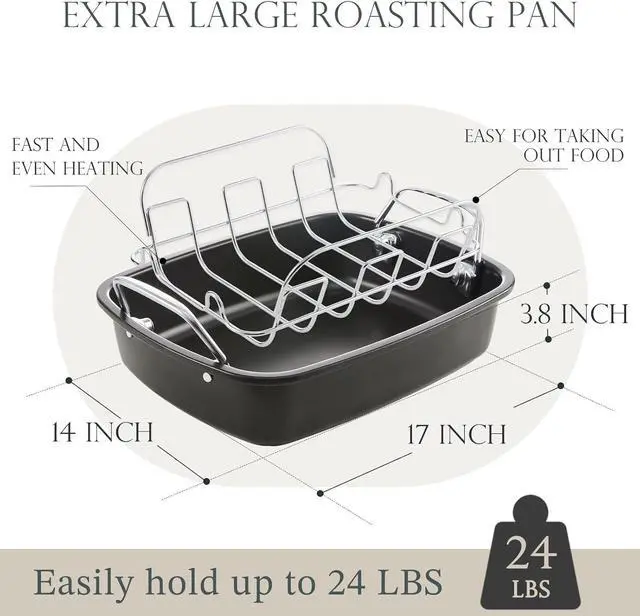 Alt view image 6 of 7 - KITESSENSU Nonstick Turkey Roasting Pan with Rack 17 x 14 inch - Large Chicken Roaster Pan for Oven - Wider Handles & Heavy Duty Construction - Suitable for 24lb Turkey, Gray