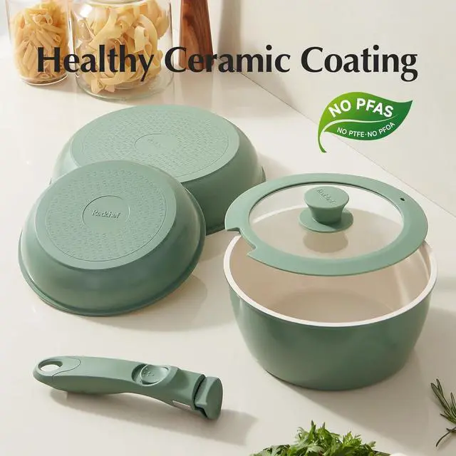 Alt view image 2 of 7 - Redchef Ceramic Cookware Set, Removable Handle Pots and Pans Non-Stick, Rv Cookware Set, Non-Toxic Pots and Pans Set No PFAS, PTFE, PFOA, Detachable Pots and Pans, Dishwasher & Oven Safe (Green)