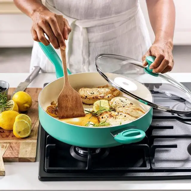 Alt view image 2 of 7 - GreenPan Rio Healthy Ceramic Nonstick 5QT Saute Pan Jumbo Cooker with Helper Handle and Lid, PFAS-Free, Dishwasher Safe, Turquoise