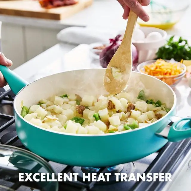 Alt view image 5 of 7 - GreenPan Rio Healthy Ceramic Nonstick 5QT Saute Pan Jumbo Cooker with Helper Handle and Lid, PFAS-Free, Dishwasher Safe, Turquoise
