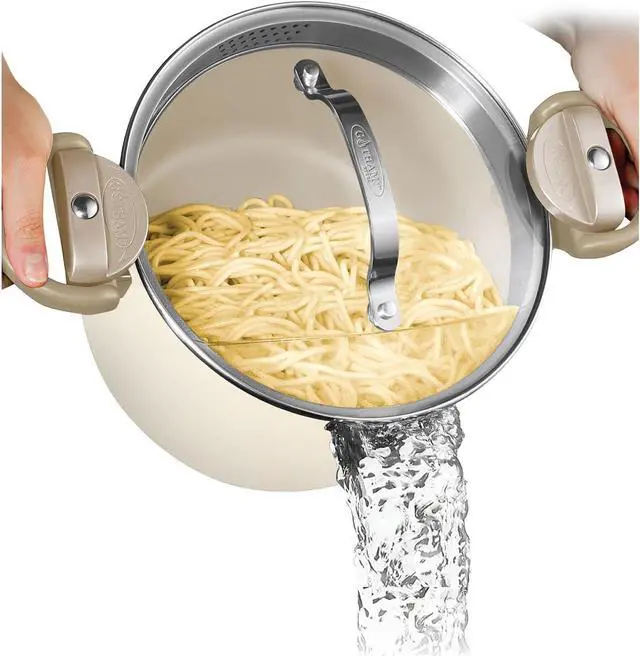 Main image of GOTHAM STEEL 5 Qt Ceramic Stock Pot Multipurpose Pasta Pot with Strainer Lid & Twist and Lock Handles, Nonstick Ceramic Pot for Soup, Spaghetti, Rice, Pots for Kitchen, Dishwasher Safe - Cream