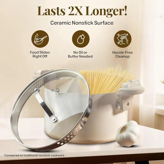Alt view image 2 of 7 - GOTHAM STEEL 5 Qt Ceramic Stock Pot Multipurpose Pasta Pot with Strainer Lid & Twist and Lock Handles, Nonstick Ceramic Pot for Soup, Spaghetti, Rice, Pots for Kitchen, Dishwasher Safe - Cream