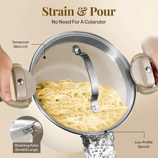 Alt view image 3 of 7 - GOTHAM STEEL 5 Qt Ceramic Stock Pot Multipurpose Pasta Pot with Strainer Lid & Twist and Lock Handles, Nonstick Ceramic Pot for Soup, Spaghetti, Rice, Pots for Kitchen, Dishwasher Safe - Cream