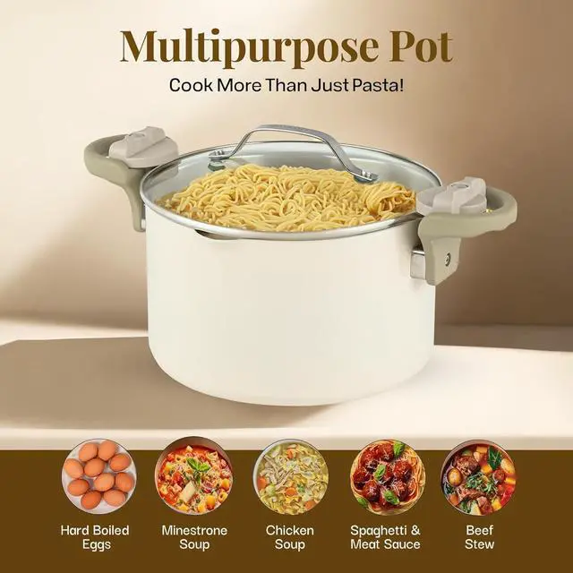 Alt view image 5 of 7 - GOTHAM STEEL 5 Qt Ceramic Stock Pot Multipurpose Pasta Pot with Strainer Lid & Twist and Lock Handles, Nonstick Ceramic Pot for Soup, Spaghetti, Rice, Pots for Kitchen, Dishwasher Safe - Cream