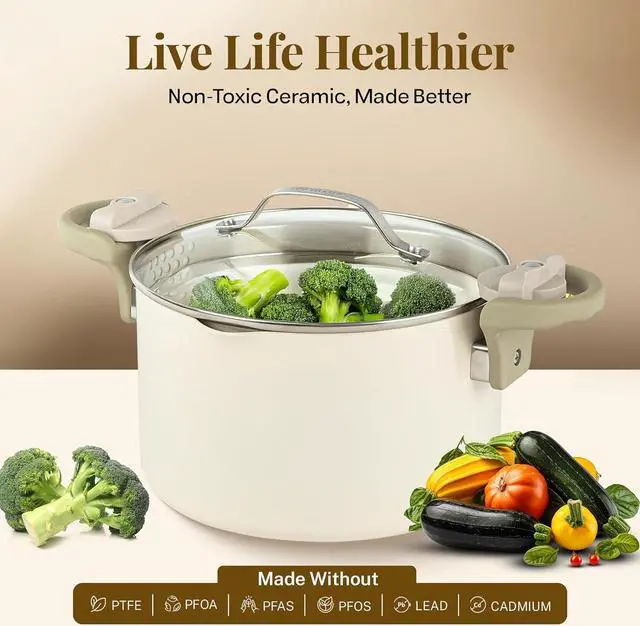 Alt view image 6 of 7 - GOTHAM STEEL 5 Qt Ceramic Stock Pot Multipurpose Pasta Pot with Strainer Lid & Twist and Lock Handles, Nonstick Ceramic Pot for Soup, Spaghetti, Rice, Pots for Kitchen, Dishwasher Safe - Cream