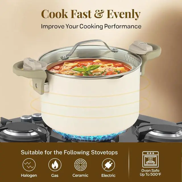 Alt view image 7 of 7 - GOTHAM STEEL 5 Qt Ceramic Stock Pot Multipurpose Pasta Pot with Strainer Lid & Twist and Lock Handles, Nonstick Ceramic Pot for Soup, Spaghetti, Rice, Pots for Kitchen, Dishwasher Safe - Cream