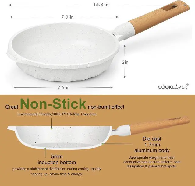 Alt view image 3 of 7 - COOKLOVER Nonstick Frying Pan 100% PFOA Free Cookware Induction Skillet Stir Fry Pan (White, 7.9 inch)